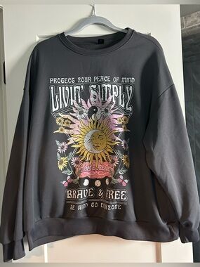SHEIN Black Graphic Sun & Floral Crewneck Sweatshirt
